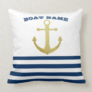 Nautical Boat Name,Gold Anchor Navy Blue  Stripes Cushion
