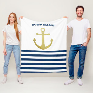Nautical Boat Name,Gold Anchor Navy Blue Stripes Fleece Blanket