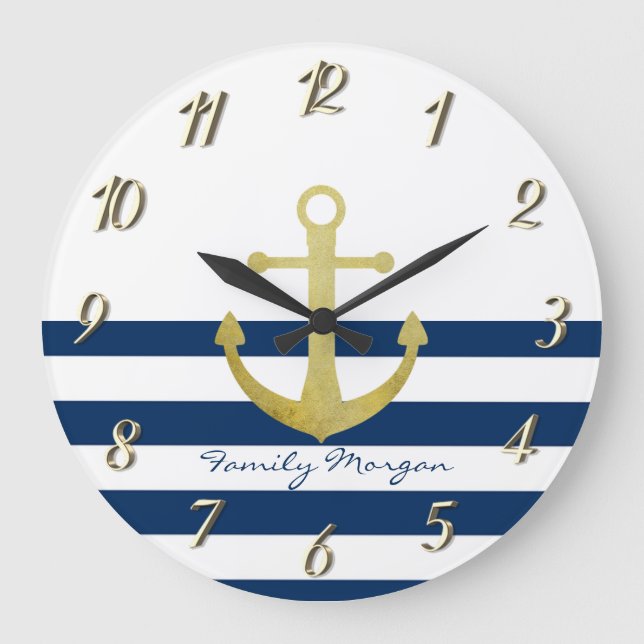 Nautical Boat Name,Gold Anchor Navy Blue Stripes Large Clock (Front)