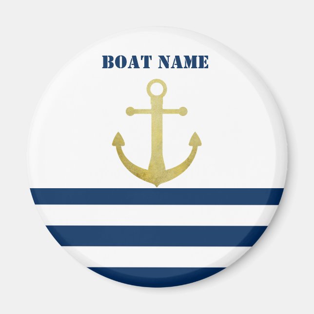 Nautical Boat Name,Gold Anchor Navy Blue Stripes Magnet (Front)