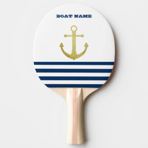 Nautical Boat Name,Gold Anchor Navy Blue Stripes Ping Pong Paddle
