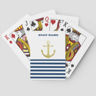 Nautical Boat Name,Gold Anchor Navy Blue Stripes Playing Cards