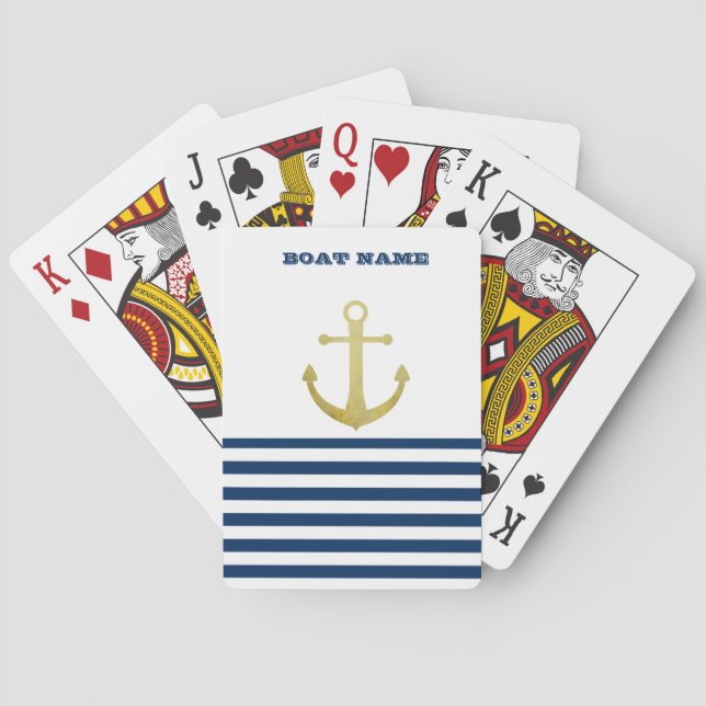 Nautical Boat Name,Gold Anchor Navy Blue Stripes Playing Cards (Back)