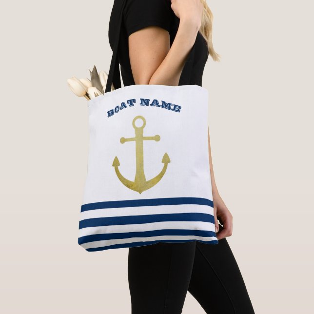Nautical Boat Name,Gold Anchor Navy Blue Stripes Tote Bag (Close Up)