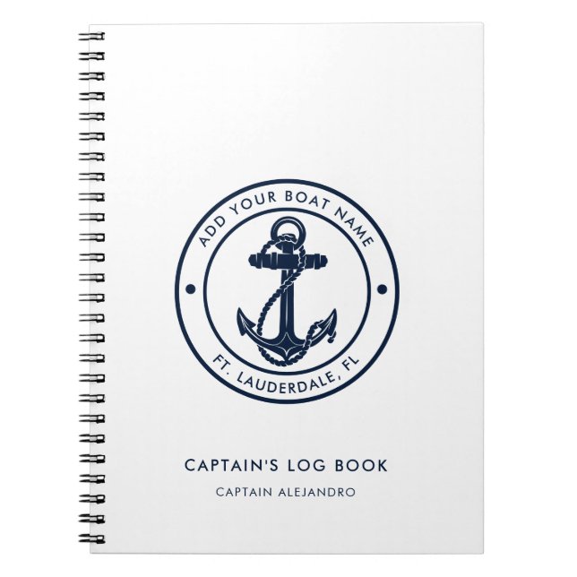 Nautical Boat Name Navy Blue Anchor Captain's Log Notebook (Front)