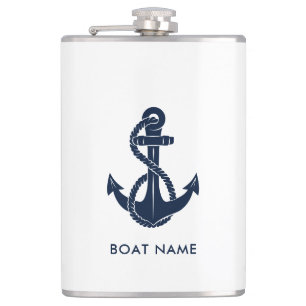 Nautical Boat Name Navy Blue Anchor Custom Hip Flask