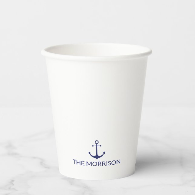 Nautical Boat Name navy blue and white anchor Paper Cups (Front)