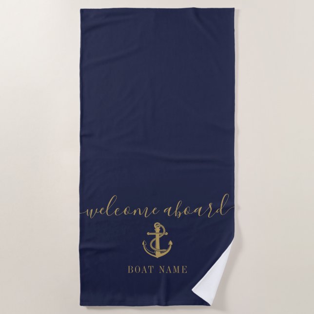 Nautical Boat Name Navy Blue Gold Welcome Aboard Beach Towel (Front)