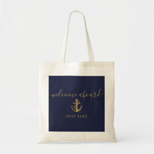 Nautical Boat Name Navy Blue Gold Welcome Aboard Tote Bag