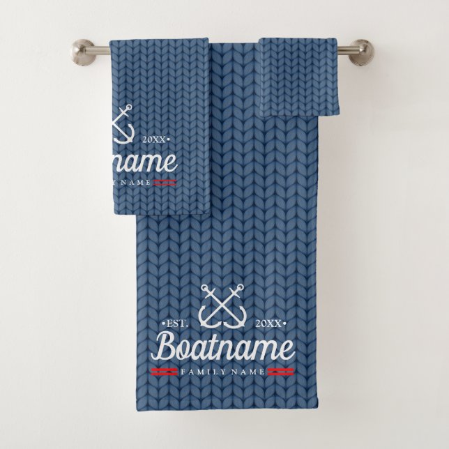 Nautical Boat Name Navy Blue Personalised Modern Bath Towel Set (Insitu)