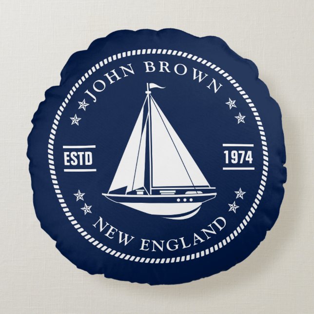 Nautical Boat Name Navy Blue Round Cushion (Front)