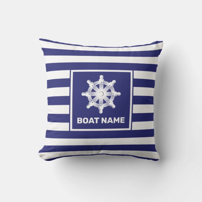 Nautical Boat Name Navy Blue Striped Design Cushion (Front)
