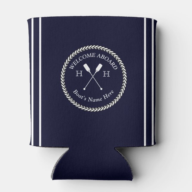 Nautical Boat Name Paddles Rope Navy Blue Welcome  Can Cooler (Back)