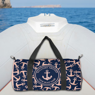 Nautical Boat Name Plush Navy Anchors Pattern Duffle Bag