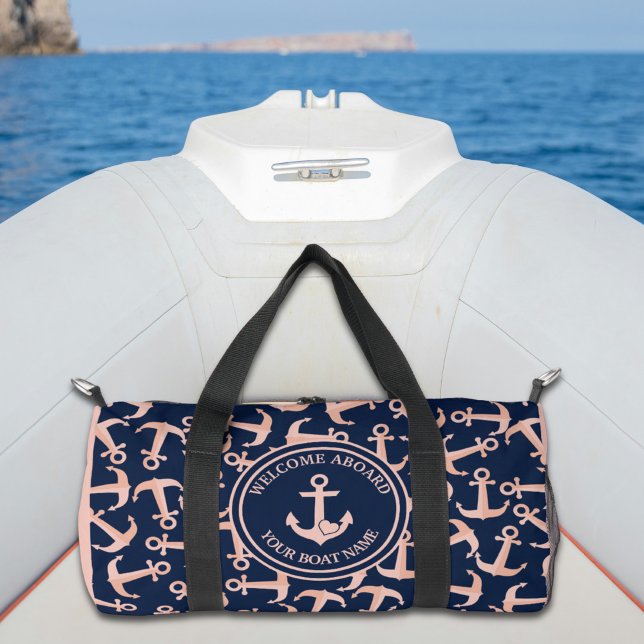 Nautical Boat Name Plush Navy Anchors Pattern Duffle Bag (Creator Uploaded)