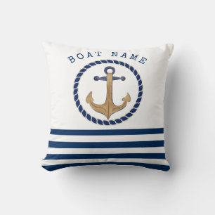 Nautical Boat Name,Retro Anchor Navy Blue Striped  Cushion