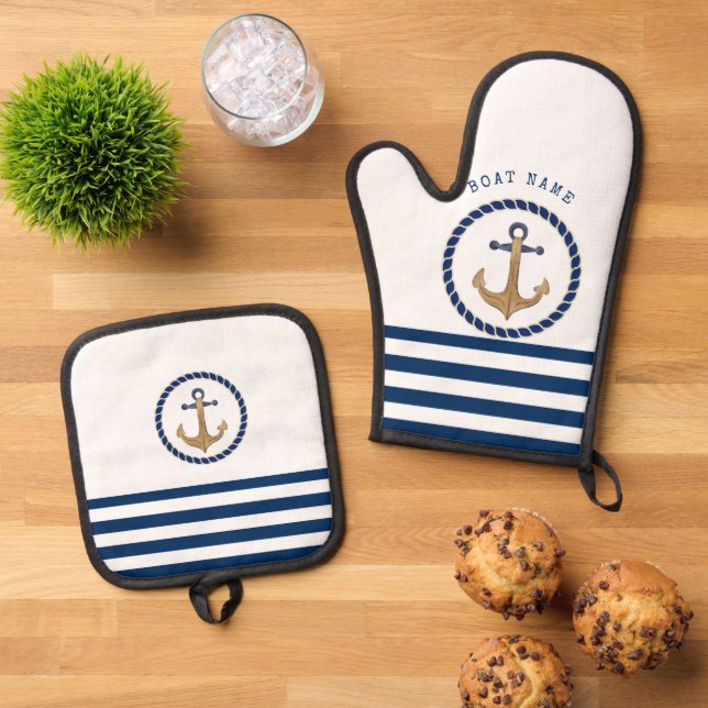 Nautical Boat Name,Retro Anchor Navy Blue Striped  Oven Mitt & Pot Holder Set (Top Down)