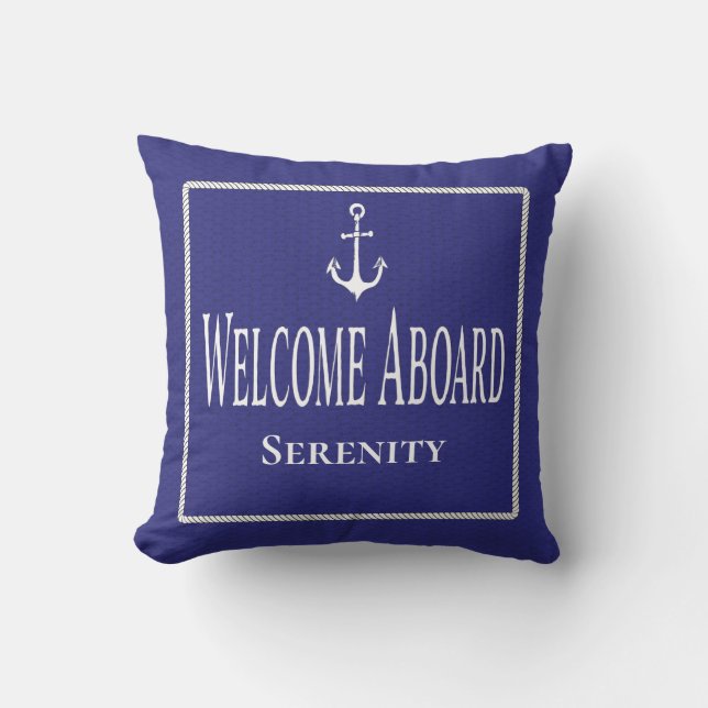 Nautical Boat Name Rope Anchor Blue Welcome Throw Cushion (Front)