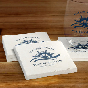 Nautical Boat Name Ship Wheel Welcome Aboard  Stone Coaster