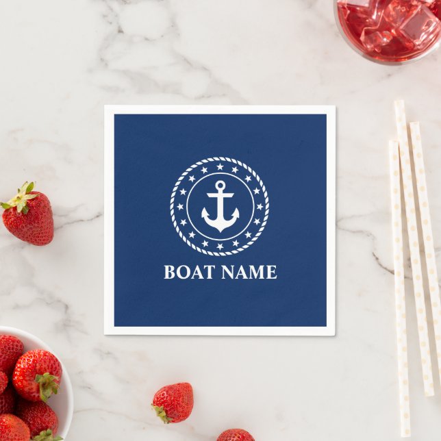 Nautical Boat Name Stars Rope Anchor Navy Blue Napkin (Insitu)