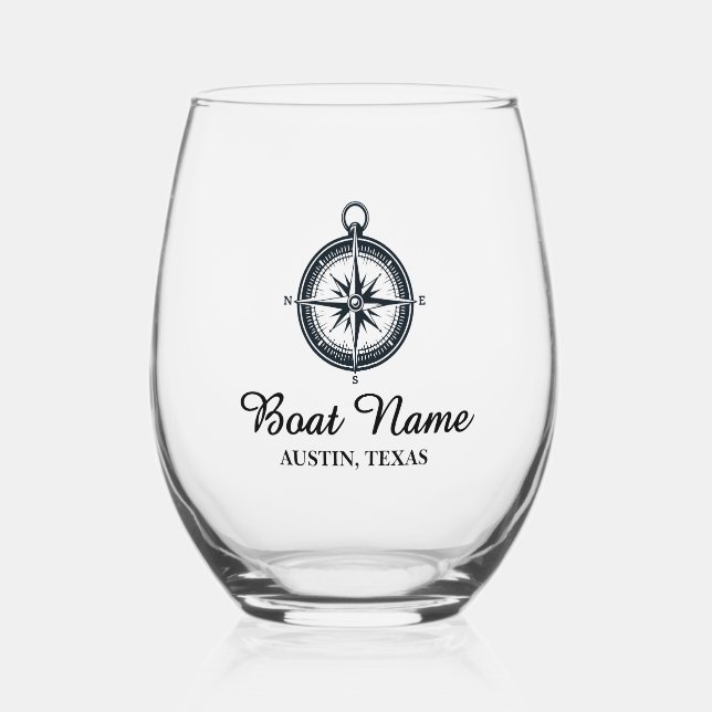 Nautical Boat Name Stemless Wine Glass (Front)