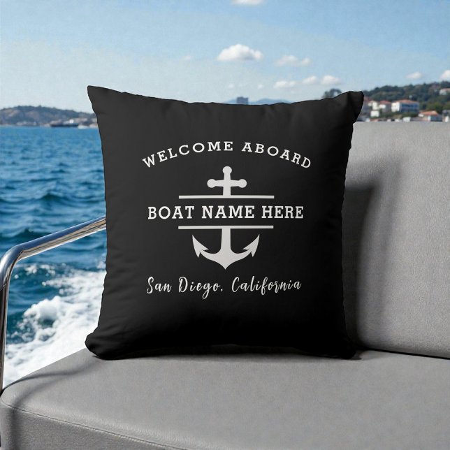 Nautical Boat Name Welcome Aboard Anchor Black Cushion (Creator Uploaded)