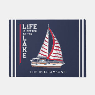 Nautical Boat Navy Blue Life is Better at the Lake Doormat