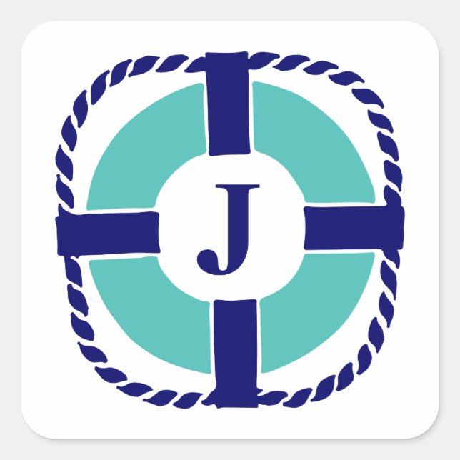 Nautical Boat Owner Monogrammed Life Preserver Square Sticker (Front)
