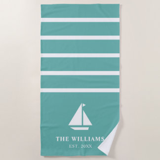 Nautical Boat Teal Striped Add Name Text Beach Towel