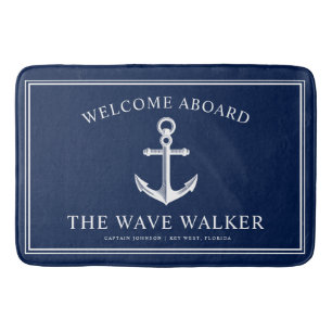 Nautical Boat Welcome Navy and White Bath Mat