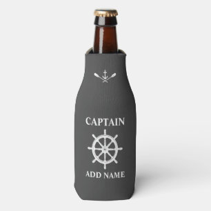 Nautical Boat Wheel Anchor Oars Captain Name Grey Bottle Cooler
