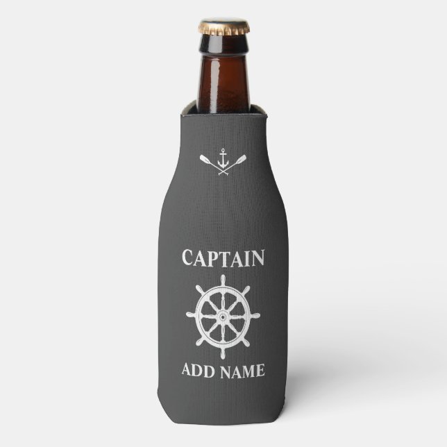 Nautical Boat Wheel Anchor Oars Captain Name Grey Bottle Cooler (Bottle Front)