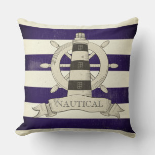 Nautical,Boat Wheel,Blue and White Stripes Cushion