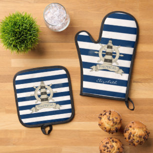 Nautical,Boat Wheel,Blue and White Stripes Oven Mitt & Pot Holder Set