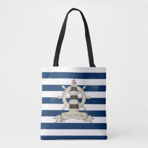 Nautical,Boat Wheel,Blue and White Stripes Tote Bag
