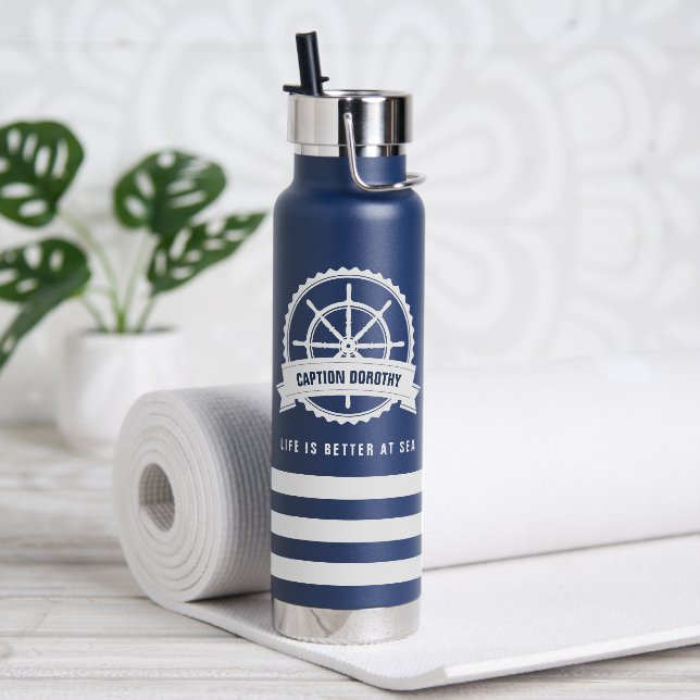 Nautical Boat Wheel Nave Blue Personalised Water Bottle (Yoga)