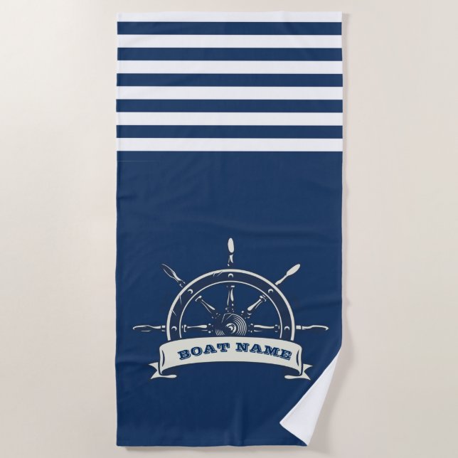 Nautical Boat Wheel, Navy Blue Stripe Beach Towel (Front)