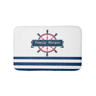 Nautical Boat Wheel, Navy Blue Striped Bath Mat