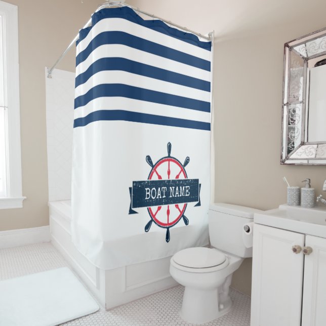 Nautical Boat Wheel, Navy Blue Striped Shower Curtain (In Situ)
