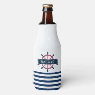 Nautical Boat Wheel, Navy Blue Stripes Bottle Cooler