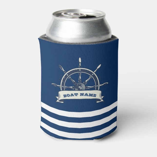 Nautical Boat Wheel, Navy Blue Stripes Can Cooler (Can Back)