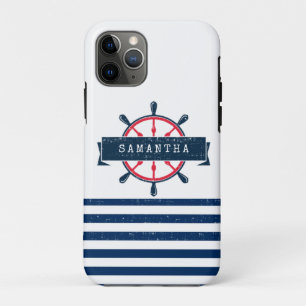 Nautical Boat Wheel, Navy Blue Stripes iPhone 11 Pro Case