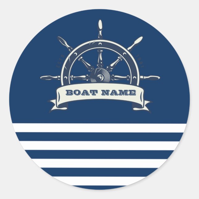 Nautical Boat Wheel, Navy Blue Stripes Classic Round Sticker (Front)