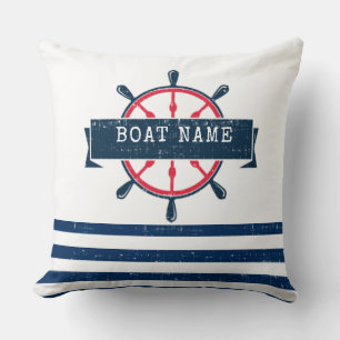 Nautical Boat Wheel, Navy Blue Stripes Cushion