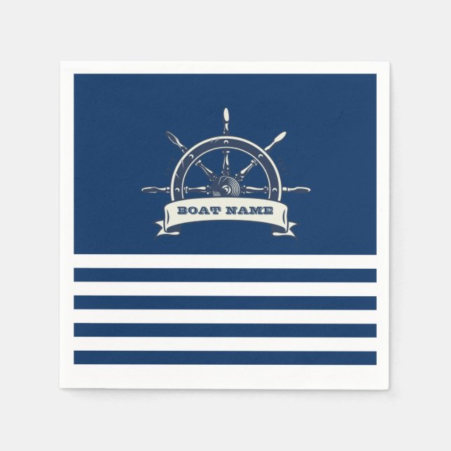 Nautical Boat Wheel, Navy Blue Stripes Napkin (Front)