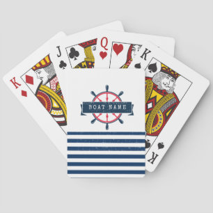 Nautical Boat Wheel, Navy Blue Stripes Playing Cards