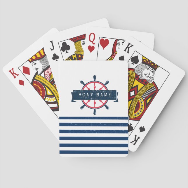 Nautical Boat Wheel, Navy Blue Stripes Playing Cards (Back)