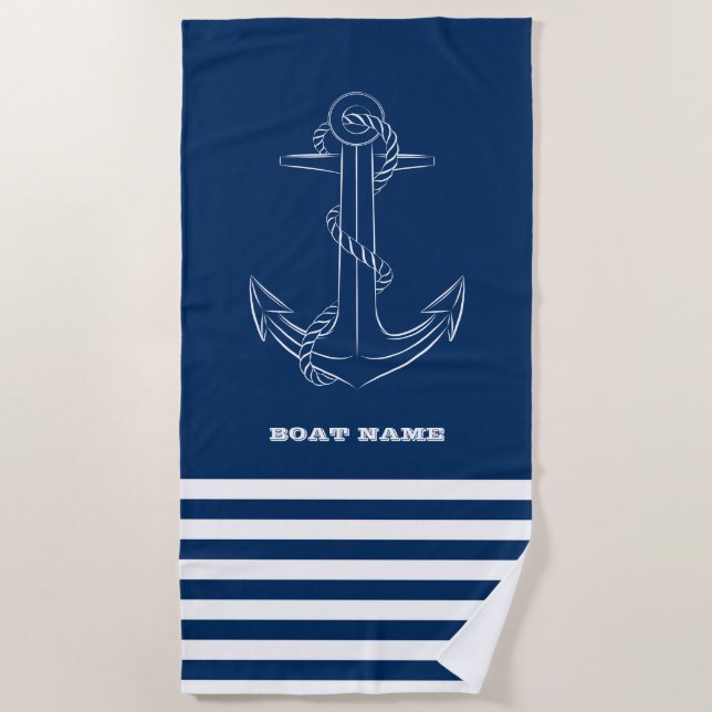 Nautical Boat Wheel, Navy Blue Stripes Sailor Beach Towel (Front)
