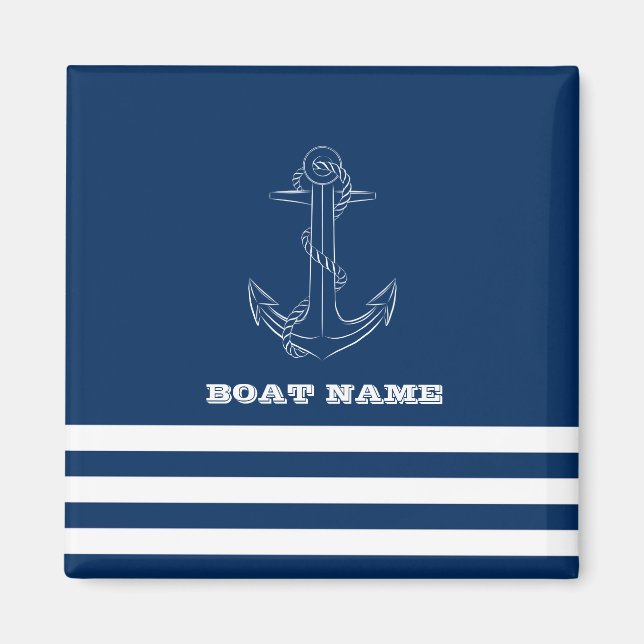 Nautical Boat Wheel, Navy Blue Stripes Sailor Magnet (Front)