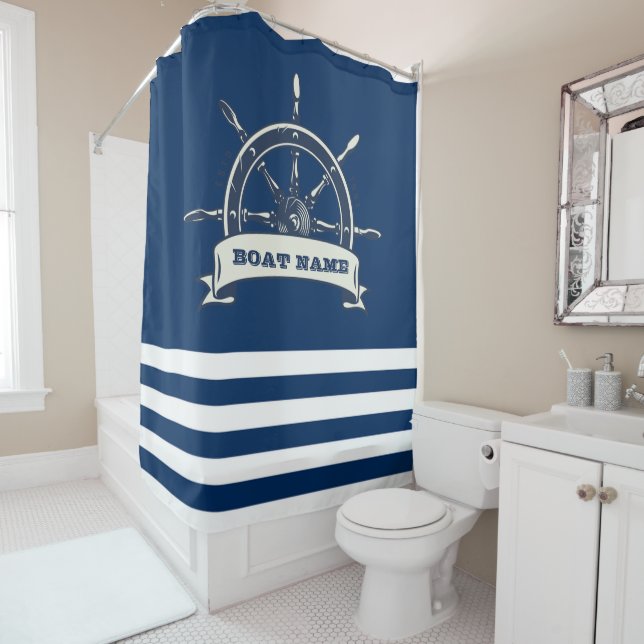 Nautical Boat Wheel, Navy Blue Stripes Shower Curtain (In Situ)